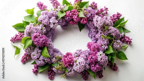 A spring lilac wreath, a purple floral crown, beautifully arranged against a pristine white background.