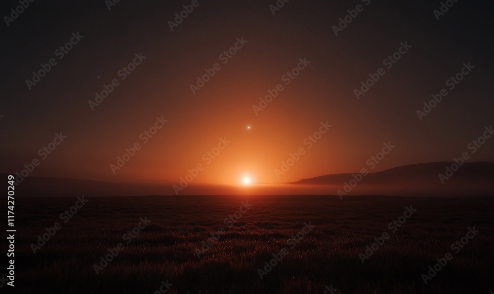 Sunrise over misty field, peaceful dawn Sunrise over misty field, peaceful dawn