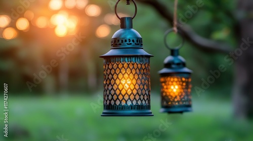 Two decorative lanterns glow warmly at sunset, hanging from a tree. Ideal for peaceful evenings outdoors. photo