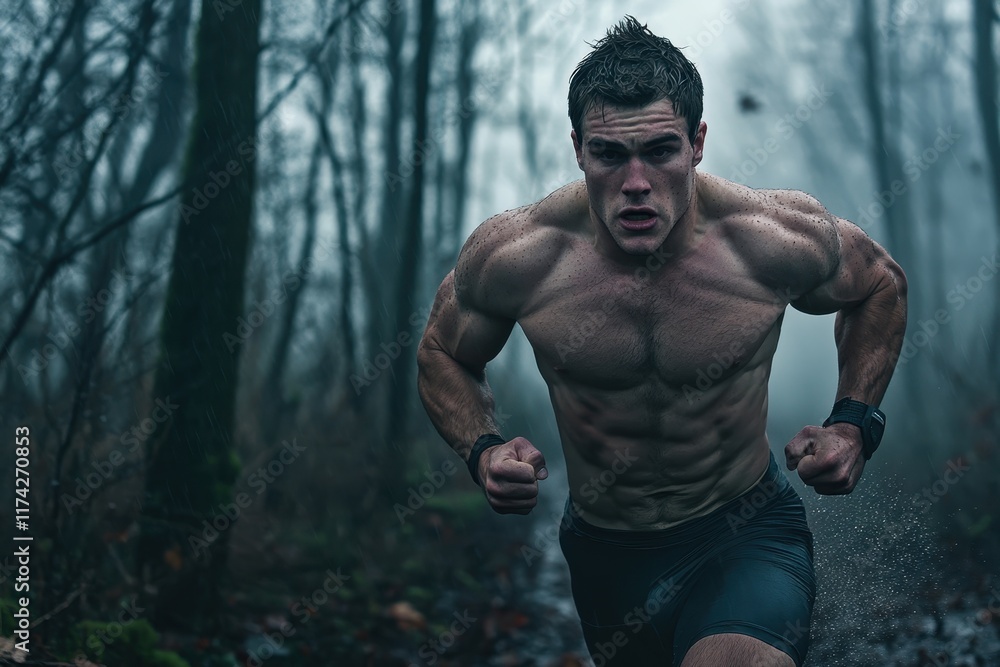 Muscular Man Runs Through Rainy Forest