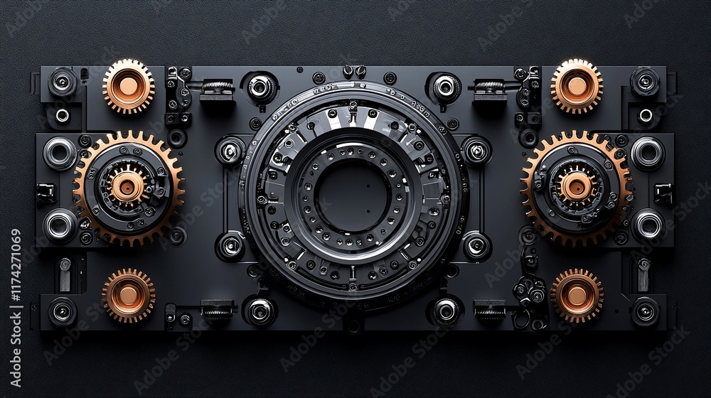 Fototapeta premium Steampunk-style intricate mechanism with gears and cogs on dark background.