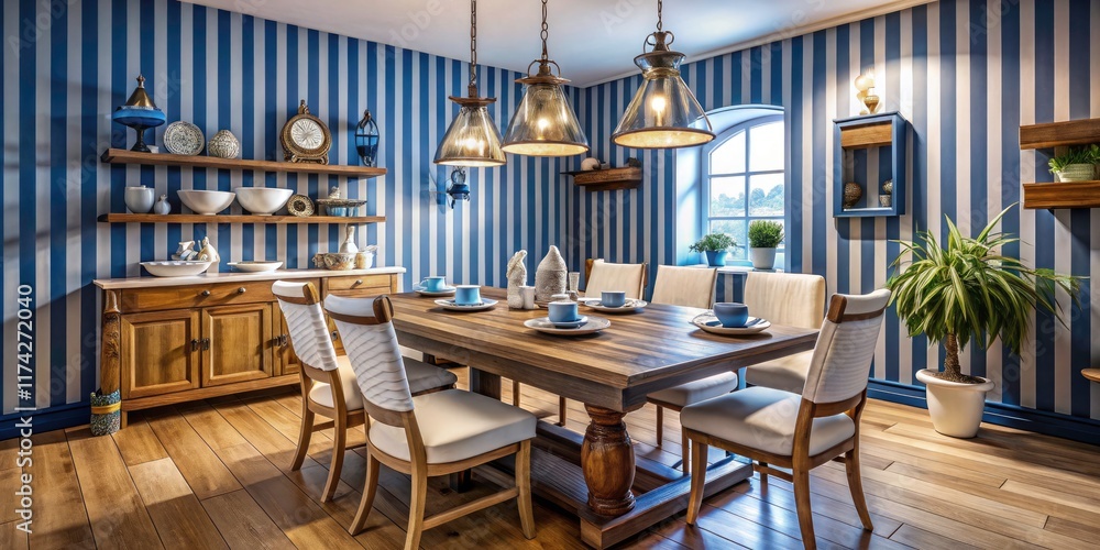 A ship model and wooden planks accentuate a blue and white striped, coastal-themed dining room. A ship model and wooden planks accentuate a blue and white striped, coastal-themed dining room.