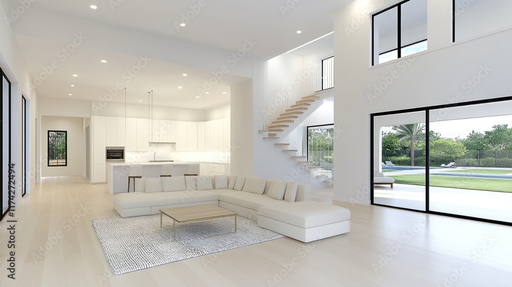 Fototapeta premium Modern Open Plan Living: 3D Rendering of Spacious Interior with Combined Living Room, Dining Room and Kitchen