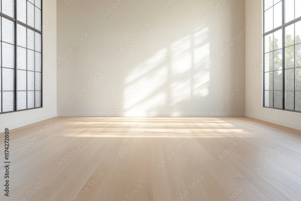 Minimalist Product Display: White Brick Wall and Wood Floor Background in Empty Room Minimalist Product Display: White Brick Wall and Wood Floor Background in Empty Room