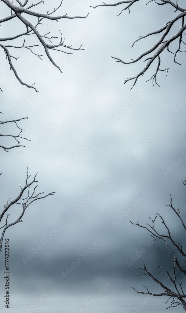 Obraz premium Ethereal Misty Background with Bare Branches Framing a Quiet and Peaceful Atmospheric Scene