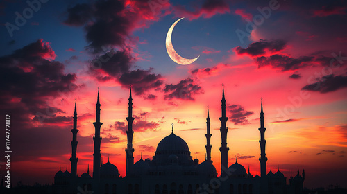 A mosque silhouette against a vibrant sunset with a crescent moon. photo