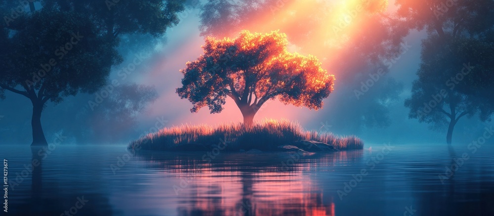 Enchanted fiery tree bursting with glowing energy reflected in the tranquil waters of a mystic lake set against a dramatic ethereal sky in a fantastical otherworldly landscape Enchanted fiery tree bursting with glowing energy reflected in the tranquil waters of a mystic lake set against a dramatic ethereal sky in a fantastical otherworldly landscape