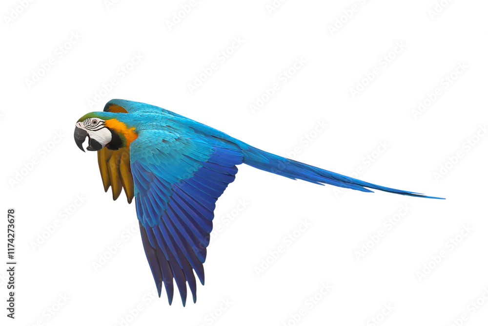 Fototapeta premium Colorful flying Blue and Gold Macaw parrot isolated on transparent background png file