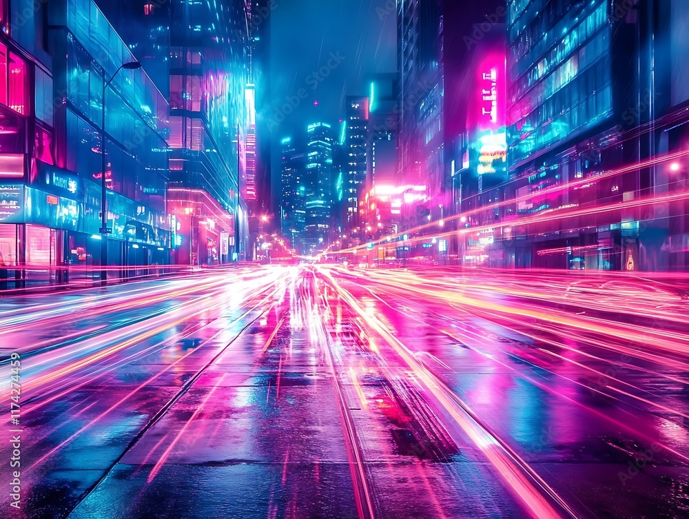 Futuristic Cyberpunk Cityscape with Neon Light Trails from Fast-Moving Cars and Illuminated Skyscrapers at Night Futuristic Cyberpunk Cityscape with Neon Light Trails from Fast-Moving Cars and Illuminated Skyscrapers at Night