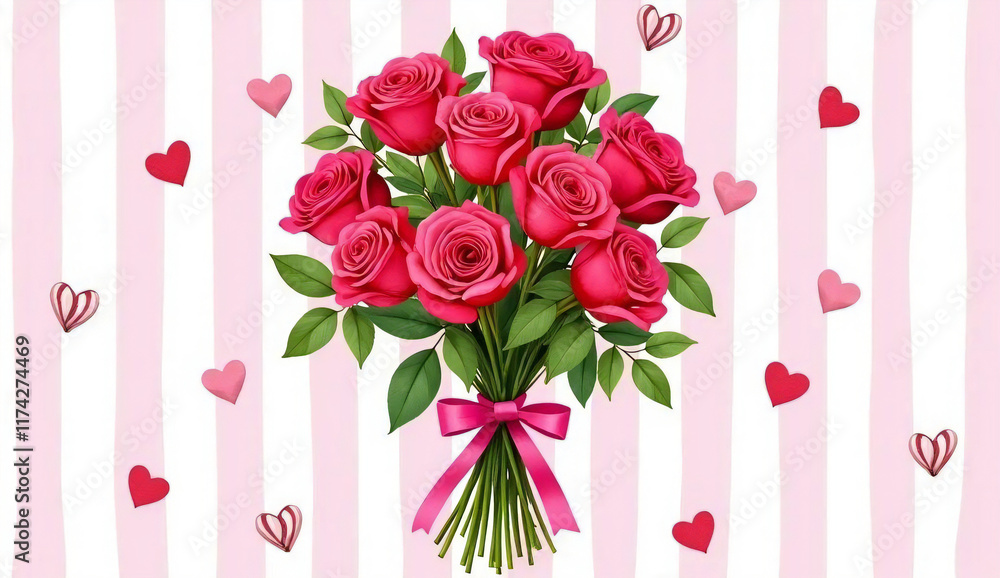 Obraz premium A bouquet of vibrant red roses tied with a ribbon. The background features a stripe pattern in pink and white. Concept for celebrations such as birthday, Valentine's Day, Mother's Day, wedding etc.