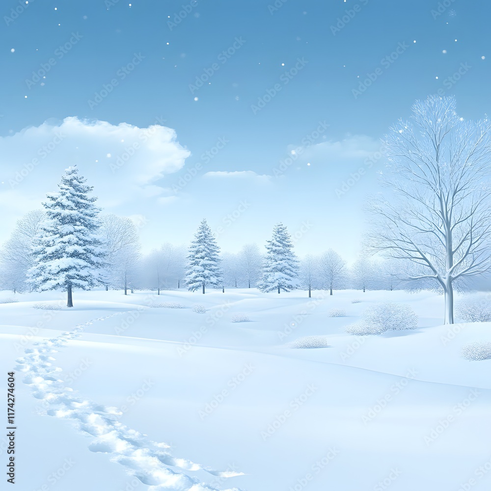 Fototapeta premium Serene winter landscape with snow-covered trees and footprints in the snow.