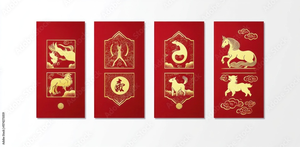 Four red cards with gold Chinese zodiac animals. Four red cards with gold Chinese zodiac animals.