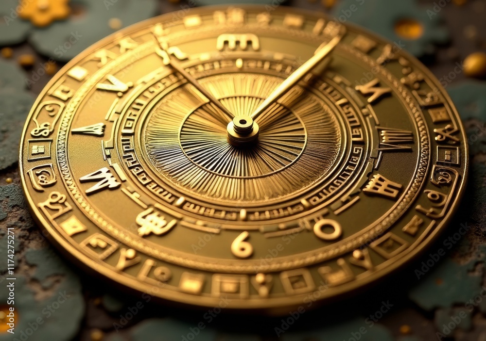 Intricate golden zodiac clock displays horoscopes in a captivating design Intricate golden zodiac clock displays horoscopes in a captivating design