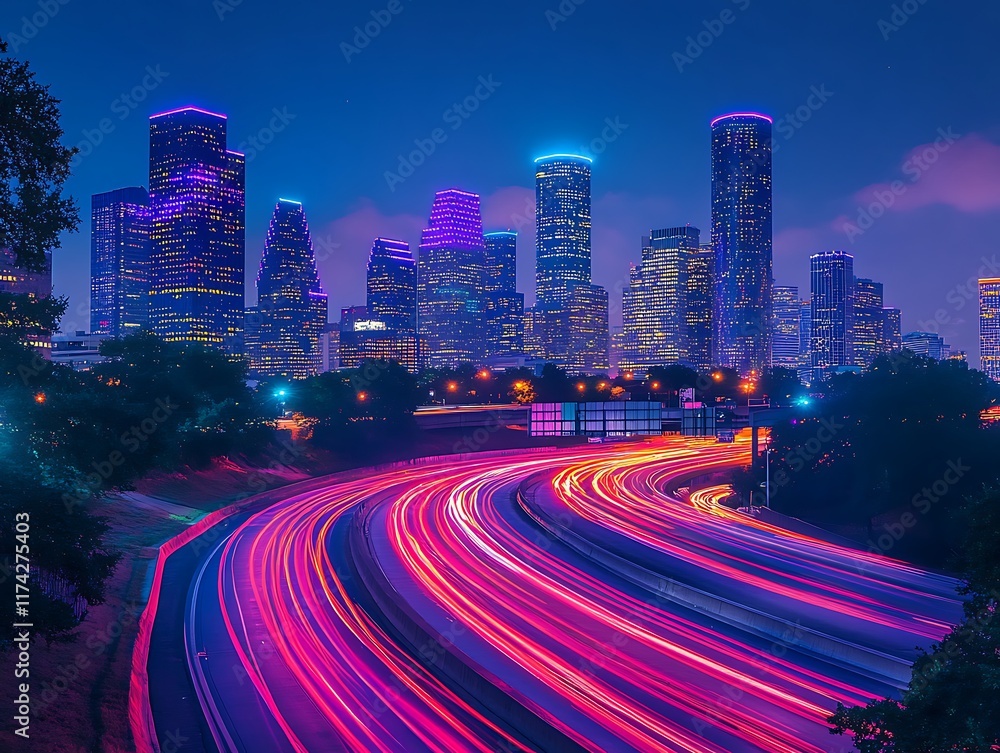 Fototapeta premium Futuristic Cyberpunk Cityscape with Neon Light Trails from Fast-Moving Cars and Illuminated Skyscrapers at Night