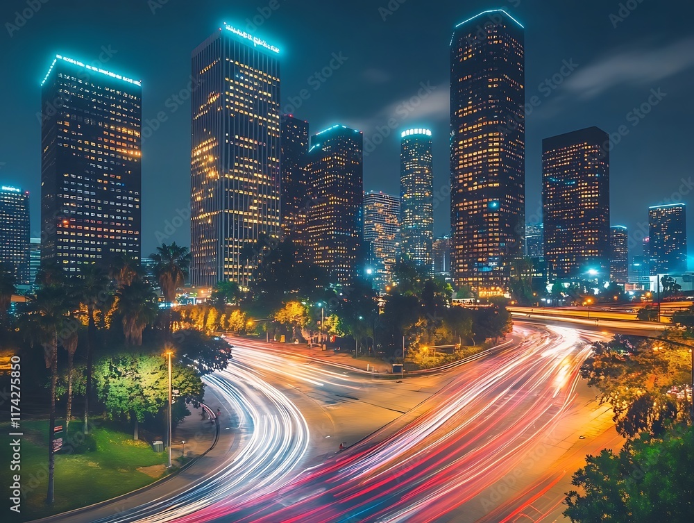 Fototapeta premium Futuristic Cyberpunk Cityscape with Neon Light Trails from Fast-Moving Cars and Illuminated Skyscrapers at Night