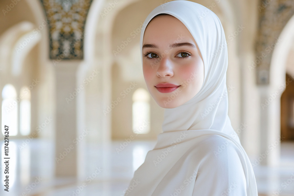 A woman in a white hijab poses elegantly in a serene architectural space. A woman in a white hijab poses elegantly in a serene architectural space.