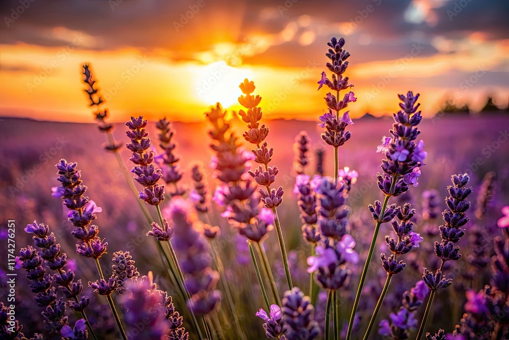 Obraz premium Close-up lavender silhouettes against a vibrant golden sunset, capturing the beauty of field flowers.