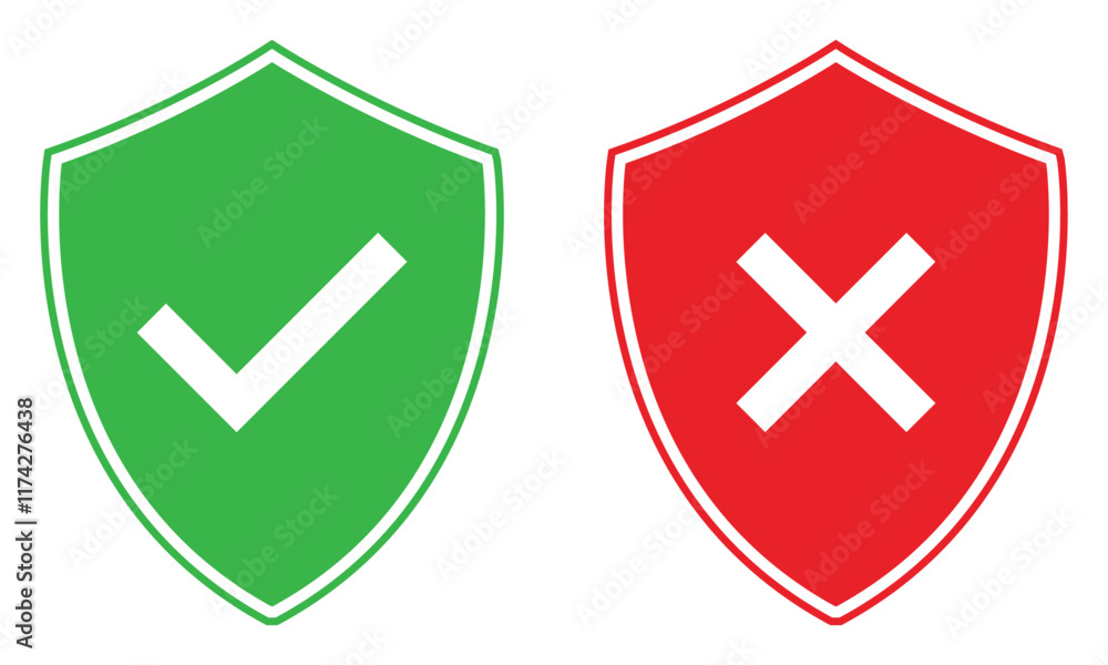 Set of security shield icon with green check mark and red cross mark sign symbol. Safety protection icons set with true and false icon. Isolated vector illustration. Set of security shield icon with green check mark and red cross mark sign symbol. Safety protection icons set with true and false icon. Isolated vector illustration.