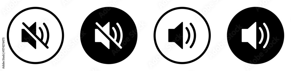 Speaker on and off icon button. Speaker volume and mute vector icons set. Volume buttons isolated. Flat design. Vector illustration. Speaker on and off icon button. Speaker volume and mute vector icons set. Volume buttons isolated. Flat design. Vector illustration.