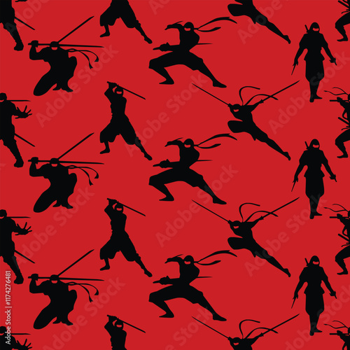 Ninja vector seamless pattern on red background