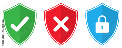 Lock security icons, security shield icon with check mark and cross mark symbol. Safety protection icons set in red, green, and blue color isolated. Vector illustration.