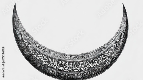 An intricately engraved crescent moon adorned with Arabic calligraphy. Ideal for Islamic art projects, logo designs, or pattern inspiration. photo