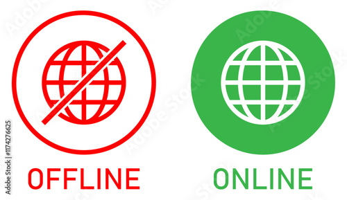 Set of online and offline internet icon red and green color. Globe icon with no signal and good signal sign symbol. Internet connection. Flat design. Vector illustration.