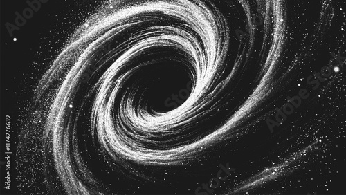 Amazing deep space vortex of spiral galaxy in stippling style with massive black hole. Cosmic galactic portal in retro styled dotwork. Pointillism. Noisy grainy shading using dots. Vector illustration