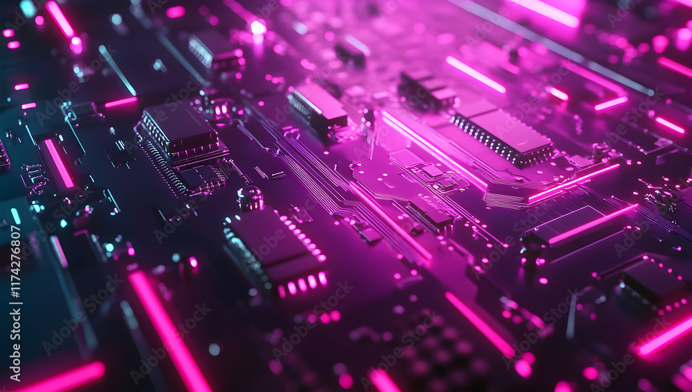 Fototapeta premium Futuristic Circuit Board Background in Neon Pink and Blue Colors – High-Resolution Tech Illustration for Digital, Electronics, and Technology Projects