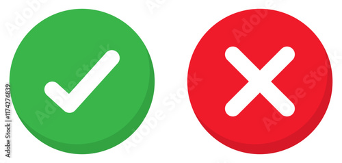 Green check mark and red cross mark icon set. Isolated tick and cross symbols, checklist signs symbol. Checkmark and cross mark icon with true and false sign. Vector illustration.
