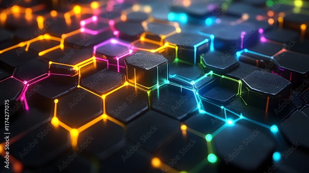 Abstract hexagonal network with vibrant glowing lines. Abstract hexagonal network with vibrant glowing lines.