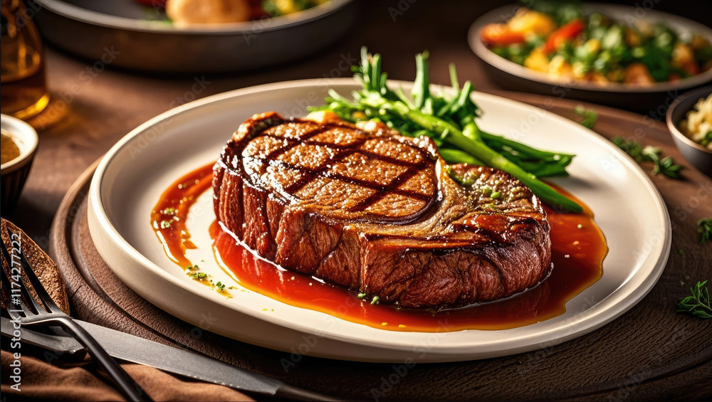 Delicious juicy and tasty grilled steak with fresh vegetables and herbs Delicious juicy and tasty grilled steak with fresh vegetables and herbs