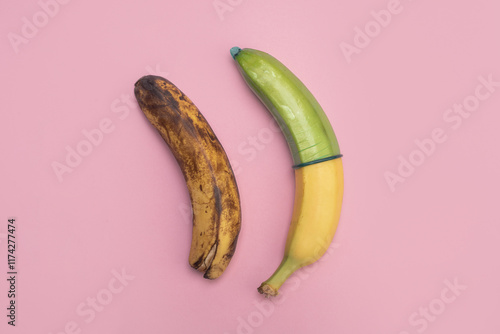 Condom. Sex education. Sexual health. Condom on banana. Sex protection. Safe sex concept. Safe sex concept Contraception concept. photo