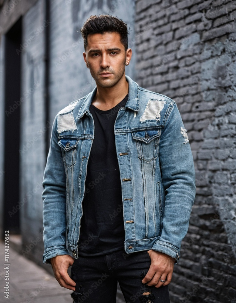 A man in a denim jacket and black t-shirt stands in front of a brick wall, looking directly at the camera with a serious expression. A man in a denim jacket and black t-shirt stands in front of a brick wall, looking directly at the camera with a serious expression.
