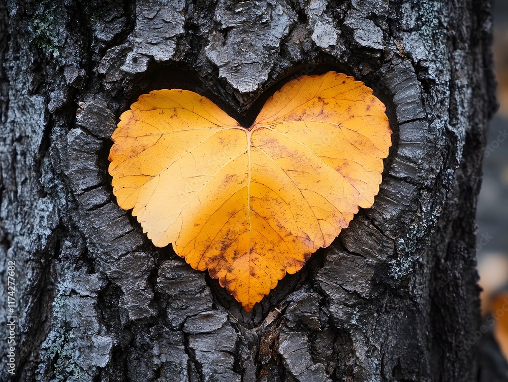 Autumn Heart Heartwarming Tree Bark with Vibrant Leaf in Shape of Love Symbol Autumn Heart Heartwarming Tree Bark with Vibrant Leaf in Shape of Love Symbol