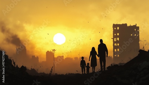 Silhouette of a family in the middle of a city damaged by war or disaster