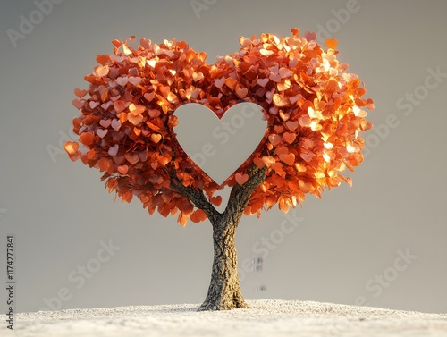 Heart Shaped Tree with Vibrant Autumn Leaves Romantic 3D Rendering photo