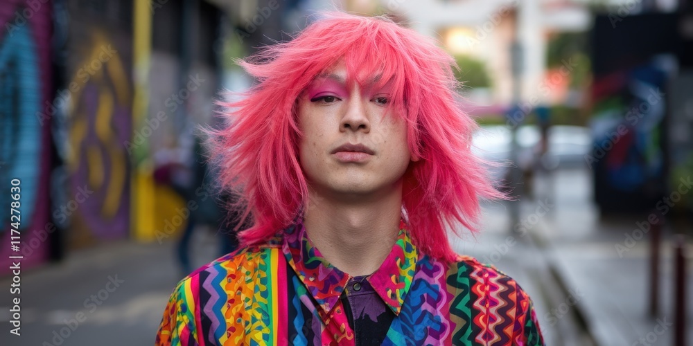 Vibrant person with pink hair in a colorful outfit on lively street Vibrant person with pink hair in a colorful outfit on lively street