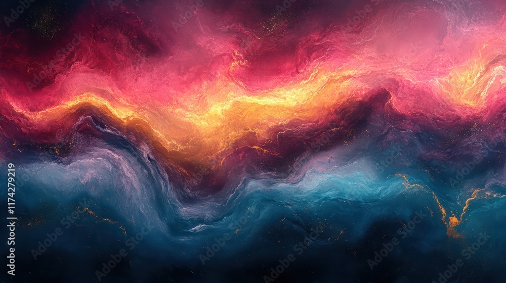 Fototapeta premium Abstract fiery and ocean landscape, digital art painting of a fiery sunset over a deep ocean, vibrant color palette, textured brushstrokes, cosmic and dreamy atmosphere, modern art.