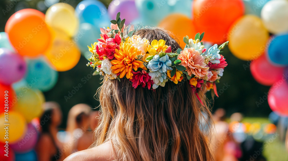Naklejka premium The image shows a person with long, wavy hair, adorned with a vibrant floral crown, surrounded by a multitude of colorful balloons in the background, suggesting a festive atmosphere