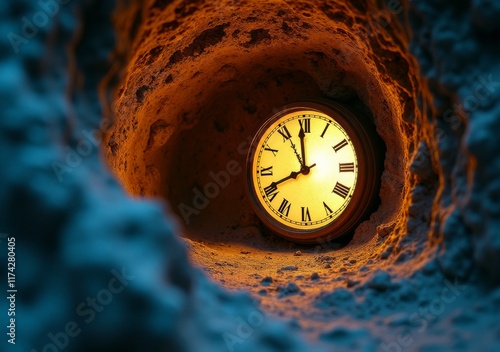 Old clock nestled within a tunnel, symbolizing the passage of time beneath the earth photo