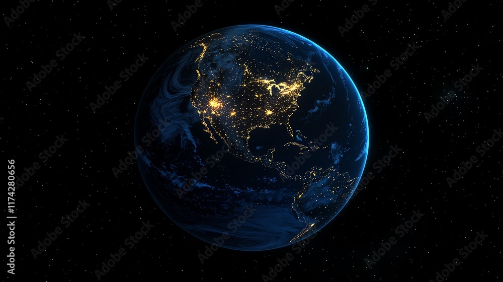 Obraz premium Global network connectivity at night, illuminating Earth from space, with glowing lines showcasing North America, South America, Europe, Africa, Asia, and the Middle East