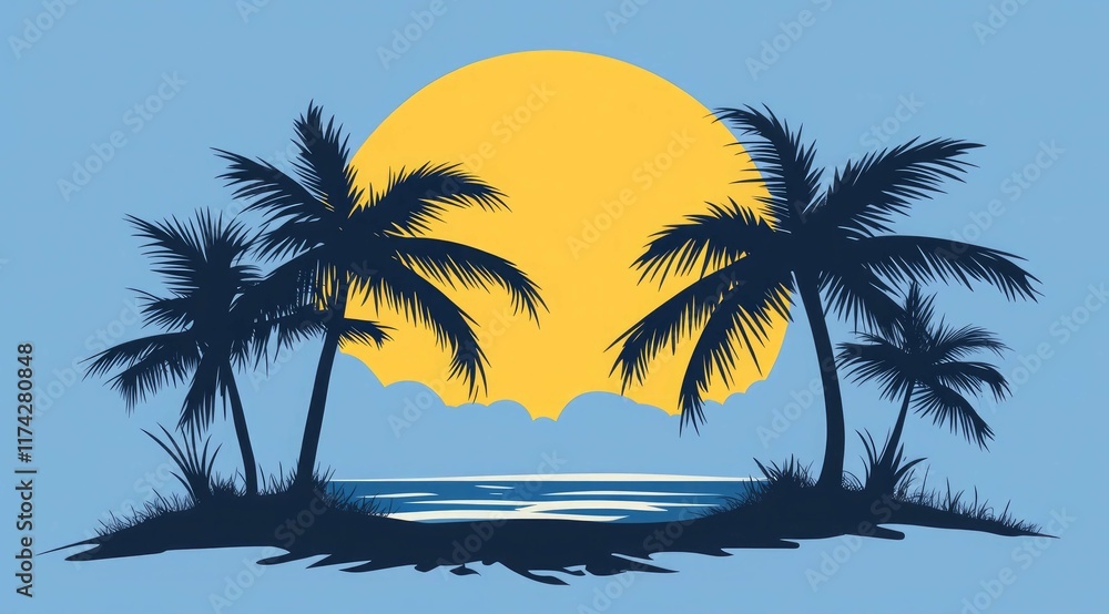 Fototapeta premium Beautiful sunrise view with view of palm trees and mountains retro neon color