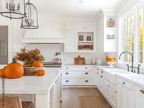 Bright and Cozy Modern Kitchen Decorated for Autumn with Mini Pumpkins, Fall Foliage, and Soft Natural Light Streaming Through the Windows