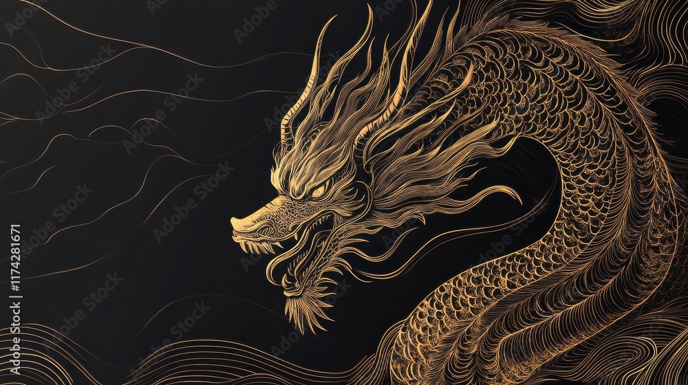 Obraz premium A minimalist line art design of a golden dragon, its sharp contours and intricate patterns contrasting vividly against a black backdrop, emphasizing its mythical presence.