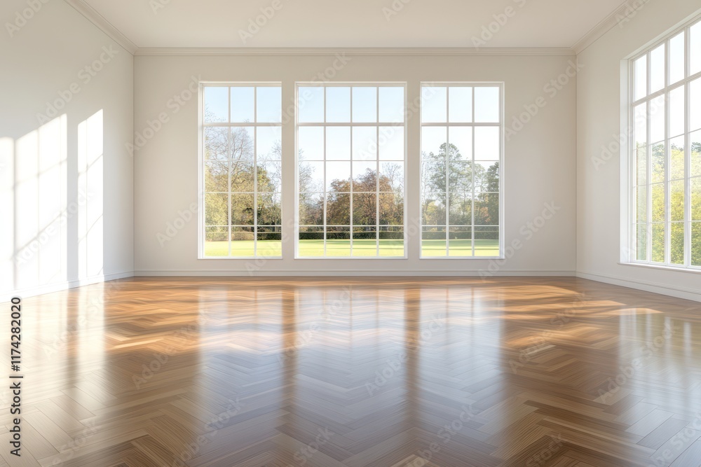 Fototapeta premium Vintage Style Banquet Hall with Parquet Flooring and Large Windows