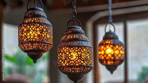 Three ornate metallic lanterns emit a warm glow perfect for creating an ambiance of exotic charm and tranquility. Ideal for home decor or themed events. photo