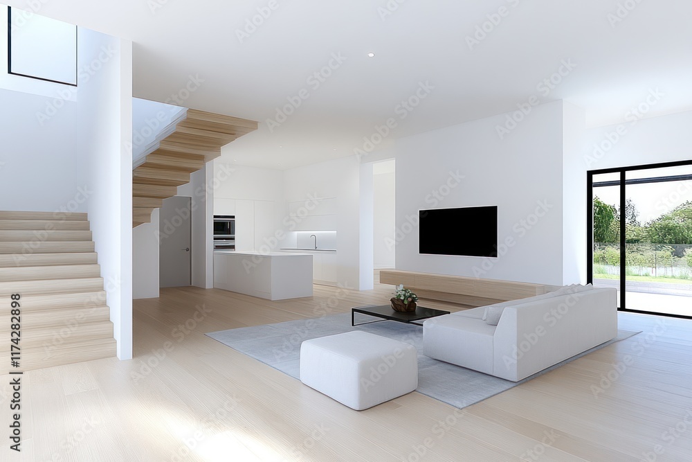 Fototapeta premium Sleek Modern Living Room with Minimalist Interior Design