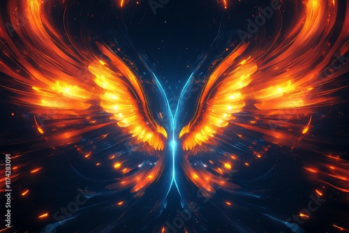 Abstract fiery wings with glowing light on dark background. photo