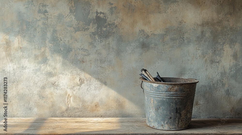 A rustic metal bucket rests on a wooden surface against a textured wall, illuminated by soft light, evoking a sense of nostalgia and simplicity. A rustic metal bucket rests on a wooden surface against a textured wall, illuminated by soft light, evoking a sense of nostalgia and simplicity.